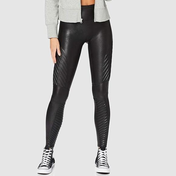 Spanx Faux Leather Moto Ribbed High Rise Moto Leggings Black M